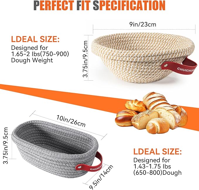 Banneon Bread Proofing Basket Set - Oval & Round Bread Baskets, 9 Inch & 10 Inch, Proofing Baskets for Sourdough Bread Baking, Cotton Rope Sourdough Proofing Basket - With Liner & Cloth Cove