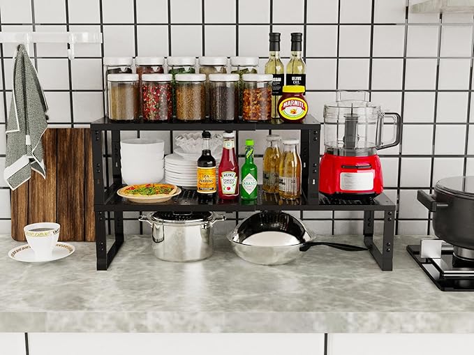 Adjustable Expanable Stackable Spice Rack Shelf Pantry Storage Organizer for Kitchen Cabinet,Countertop,Bathroom and More.Space is no Longer Limited(2Packs/Black/Large)