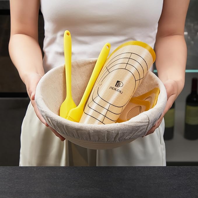 Sourdough Bread Baking Set, 10 Inch Oval & 9 Inch Round Banneton Bread Proofing Baskets with Linen Liner, Silicone Bread Sling, Danish Dough Whisk, Dough Scraper Kit, Silicone Brush & Spatula