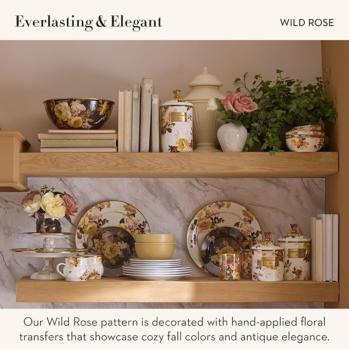 MACKENZIE-CHILDS Enamel Canister, Kitchen Storage Container with Lid, Small, Wild Rose White