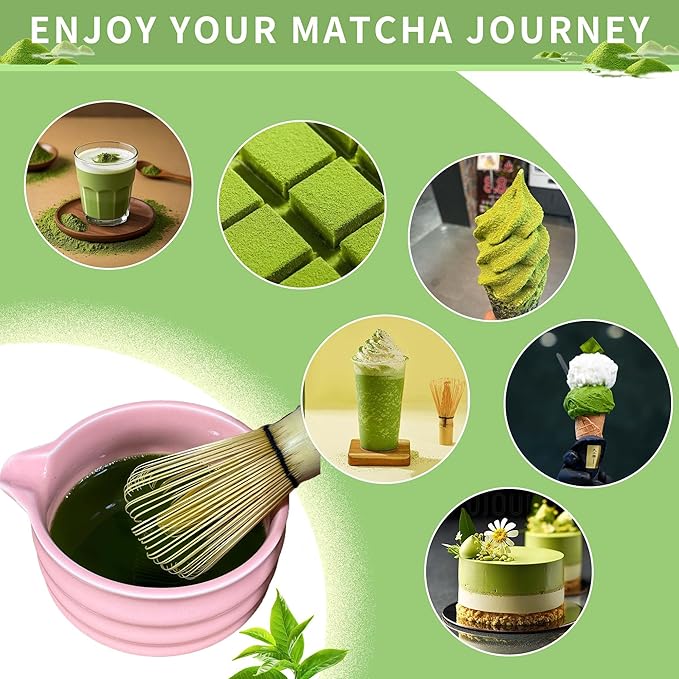 Pink Matcha Tea Set, 6pcs Matcha Whisk Set Pink, Matcha Ceremony Accessory, Whisk Holder, Matcha Bowl, Matcha Whisk, Bamboo Scoop, Sifter, Ceramic Matcha Bowl Tea Ceremony Accessory for Making Matcha