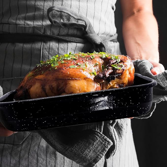 3-Pack Roasting Pans for Ovens Turkey Roaster Pan set Deep Lasagna Baking Pan,17/15/13Inch Spotted Enamel Steel Vessel Used for Cake Dinners Cooking Safe Easy to Clean Bakeware Merry Christmas Gift