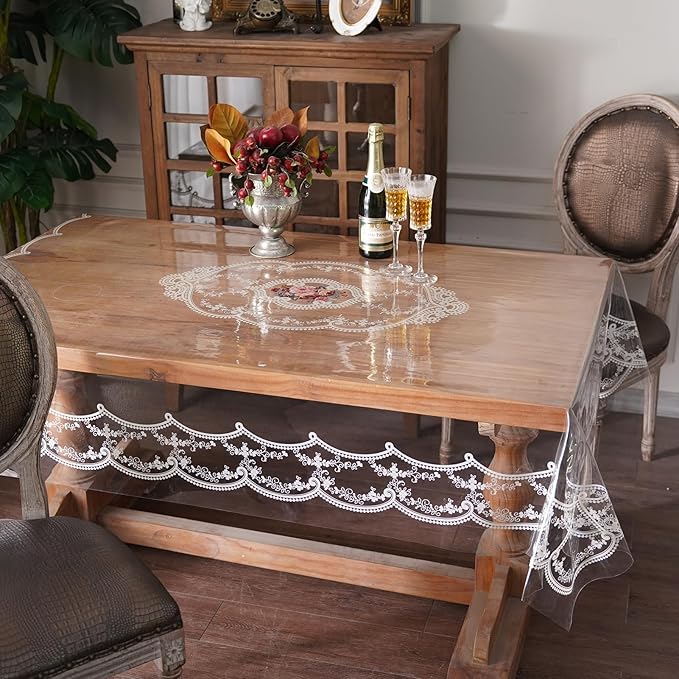 Clear Table Cover Protector Plastic Vinyl Table Cloth with White Lace Pattern Oil Spill Proof Plastic Tablecloths for Dining Tables Parties Holidays (French Lace, 60 x 120 Inches)