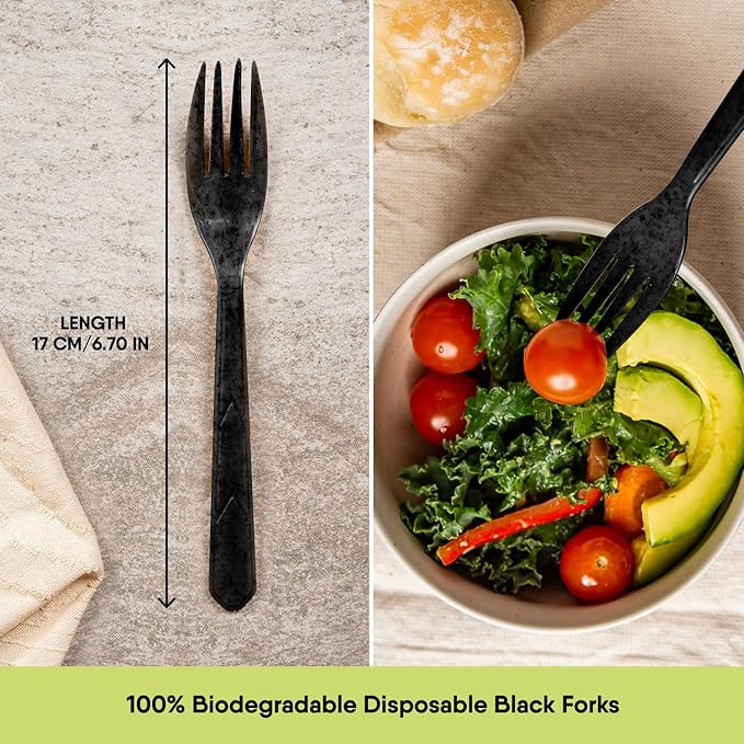 Premium Quality 100% Biodegradable Black Forks Made of Vegetable Fibers, 100 PCS of 6.7” Long Heavy-Duty and Splinter Free Eco-Friendly Forks, Perfect Sustainable Cutlery for All Types of Occasions