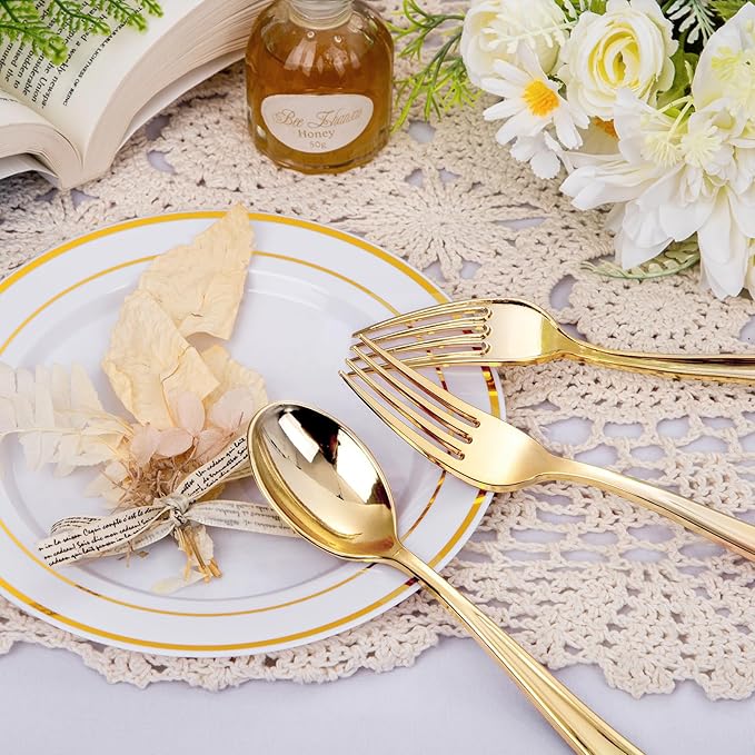 bUCLA 600PCS Gold Plastic Spoons and Forks Set - Plastic Forks and Spoons Disposable - Heavy Duty Gold Silverware Set Party Supplies Include 300 Forks and 300 Spoons for Party&Wedding
