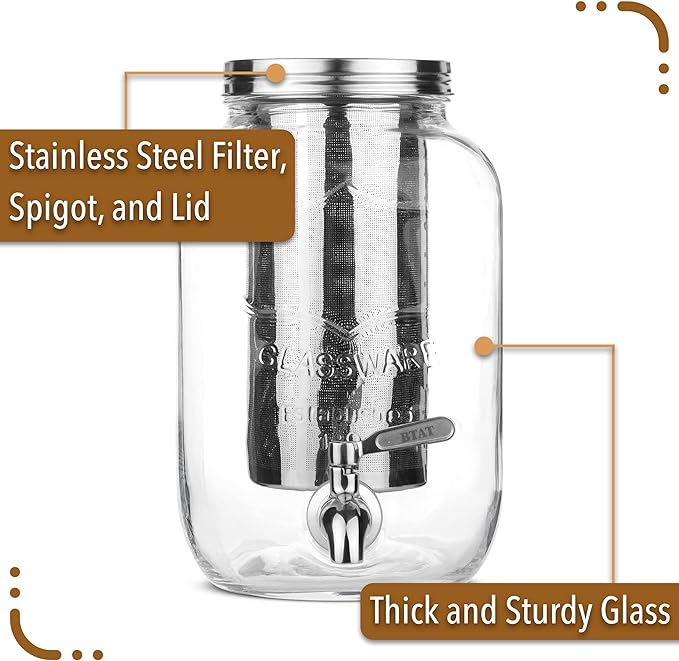 BTaT- Cold Brew Coffee Maker, 1 Gallon Mason Jars Drink Dispenser, Gallon Cold Brew Coffee Maker, Iced Tea Maker, Cold Brew Coffee Carafe, Beverage Dispenser, Glass Dispenser, Cold Brew System