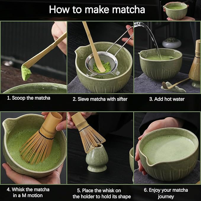 TANG PIN 10Pcs Matcha Whisk Set, 15 OZ Matcha Bowl, Matcha Whisk and Stand, Scoop, Sifter, Spoon, Coaster, Cleaning Brush and Tea Towel, Perfect Matcha Kit for Tea Ceremony