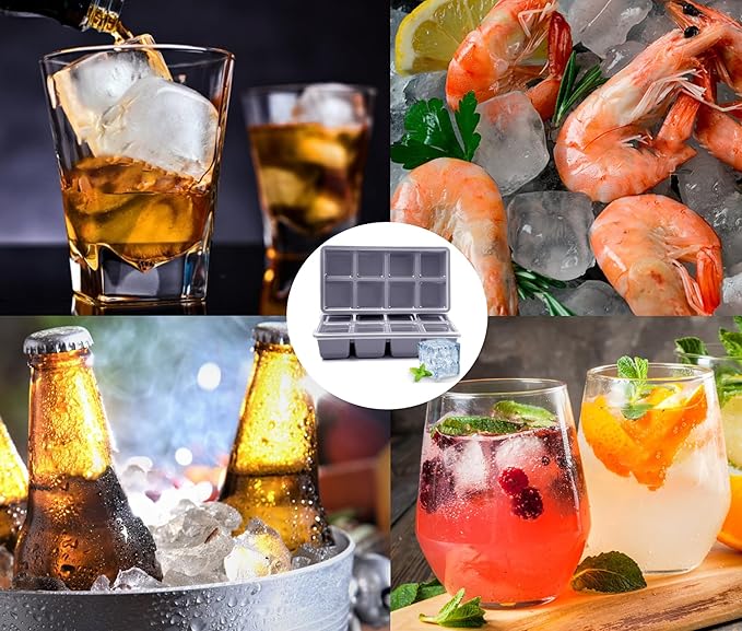 Large Ice Cube Trays, JRISBO 2 Pack Reusable Silicone Ice Cube Molds with Lid for Freezer, Easy Release 16 Big Square Ice Trays for Whisky Cocktails