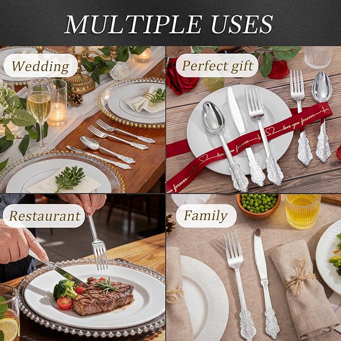 WDF 360 Pieces Silver Plastic Silverware- Disposable Flatware - Heavyweight Plastic Cutlery- Includes 120 Forks, 120 Spoons, 120 Knives for Christmas