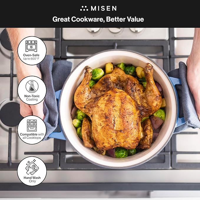 Misen 7 QT Enameled Cast Iron Dutch Oven - Chip-Resistant Enamel Coating - Thick Iron Core For Heat Retention - Large Cooking Surface - Oven Safe, Induction Compatible - Grill and Silicone Lid, Blue