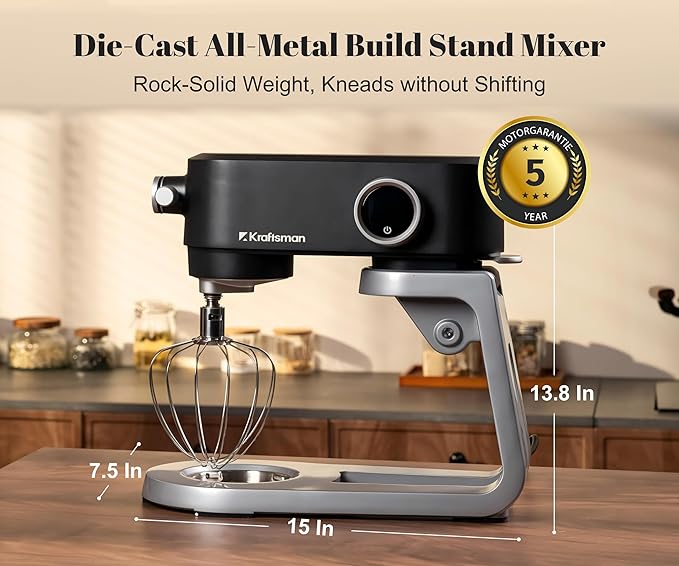 Stand Mixer All Metal - Heavy Duty Kitchen Standing Mixer 5.3 Quart with 4 Stainless Steel Attachments, DC Motor & Multifunctional Power Hub, 8-Speed & Timer, Lower Noise (Black)