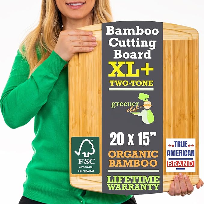 GREENER CHEF 20 Inch Extra Large Bamboo Cutting Board with Lifetime Replacement - Wooden Butcher Block for Kitchen, Carving Meat, Vegetables, and Charcuterie with Deep Juice Groove