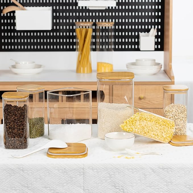 122oz Airtight Glass Square Storage Canister with Bamboo Lid Set of 1 (3600ml) Gallon Glass Jars Large Kitchen Canister for Sugar, Flour, Cookies and Coffee beans (‎with Black Lable)