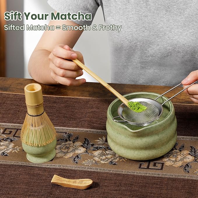 Matcha Whisk Set 7pcs, Japanese Macha Making Kit - 17oz Bowl with Spout, Bamboo Whisk, Chasen Holder, Scoop, Scoop Rest, Stainless Steel Sifter & Towel, Tea Gift Tools for Starter & Enthusiasts, Green