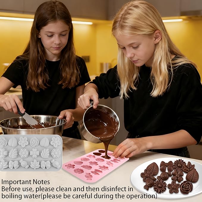 2PCS Silicone Flower Molds,Flower Chocolate Mold,Rose Leaf Tulip Daisy Bow Tie Candy Molds Silicone Gummy Jello Ice Cube Baking Soap Pudding Cookie Molds for Desserts Making,Cupcake Toppers,Cake Decor