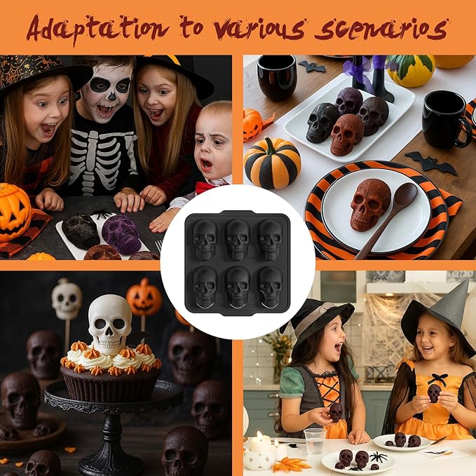 Metal Framed Silicone Skull Cake Pan - 6 Cavity Skull Baking Pan & Silicone Mold for Halloween Parties & Baking Fun | Food-Safe Non-Stick Ice Cube Tray, Cupcake Maker
