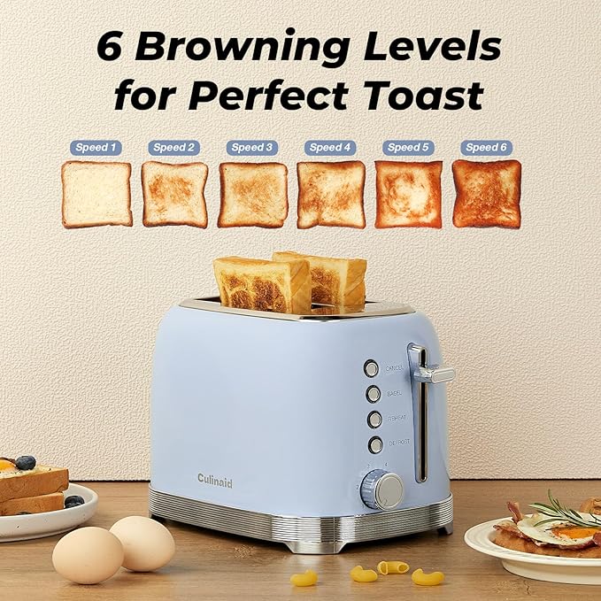 Toaster 2 Slice Retro Stainless Steel with 1.5” Extra Wide Slots Bagel, Defrost, Reheat, Cancel Functions, 6 Bread Shade Settings, Removable Crumb Tray, Blue