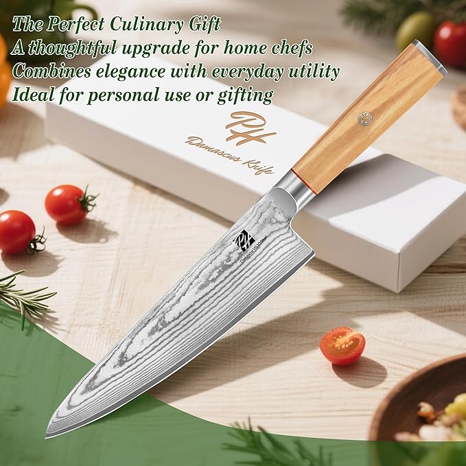 Damascus Chef Knife, 8 Inch Damascus Japanese Chef's Knife with VG10 High Carbon Steel, Professional Kitchen Knife with Olive Wood Handle & Gift Box, Sharp Cooking Knives for Home Kitchen Gift Idea