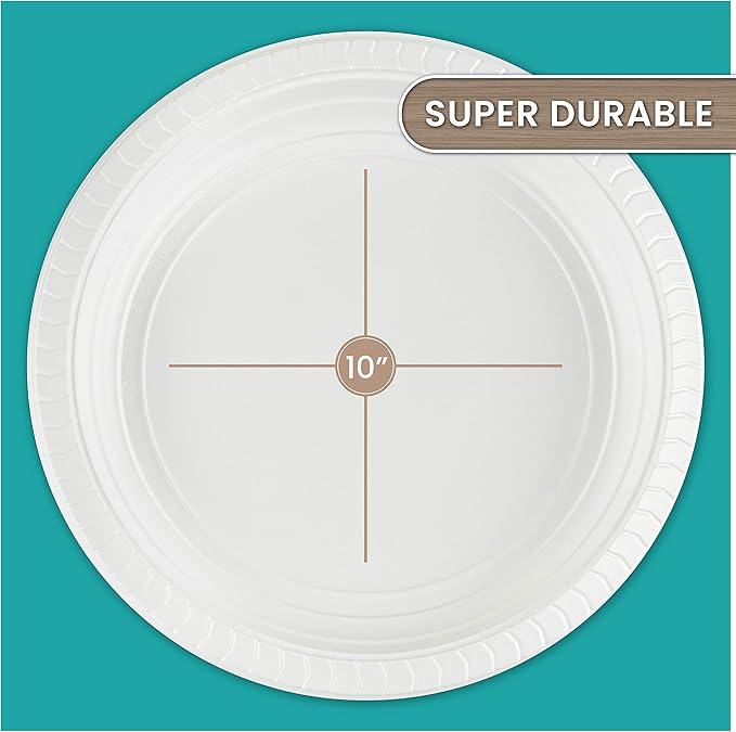 PLASTICPRO Round Plastic Plates Microwaveable, Disposable, White, Dinnerware (400, 10" Inch Plates)