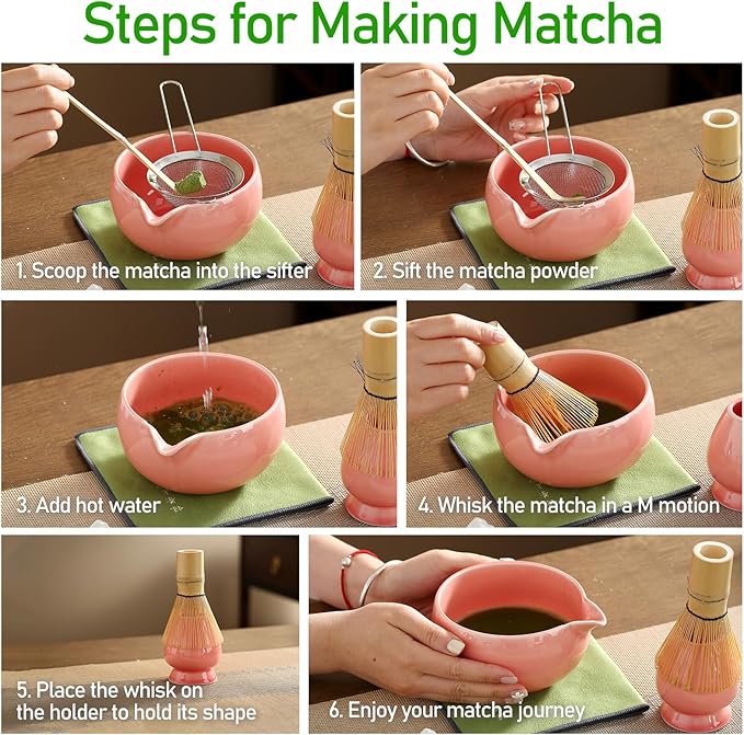 Matcha Whisk Set, Ceramic Matcha Set with Spout, Matcha Bowl Kit with Sifter, Whisk and Holder, Bamboo Scoop, Scoop Rest, Tea Towel, 7 Pcs Matcha Kit Set for Making Breakfast/Latte for Matcha Lovers