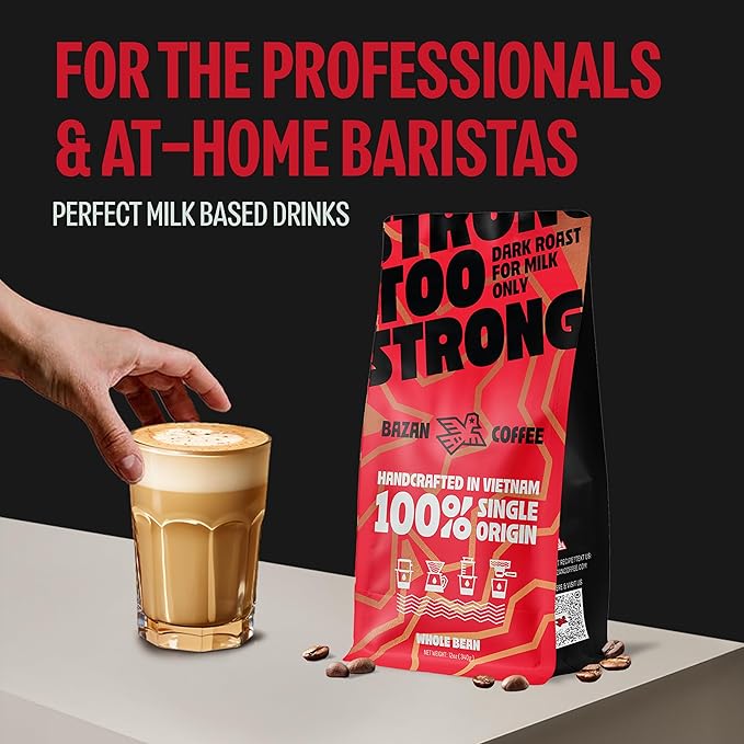 BAZAN COFFEE Too Strong, Vietnamese Robusta Coffee, Dark Roast, High Caffeine, Bold Espresso Flavor, Low Acidity, Perfect with Milk, Whole Bean, 32 oz Bag