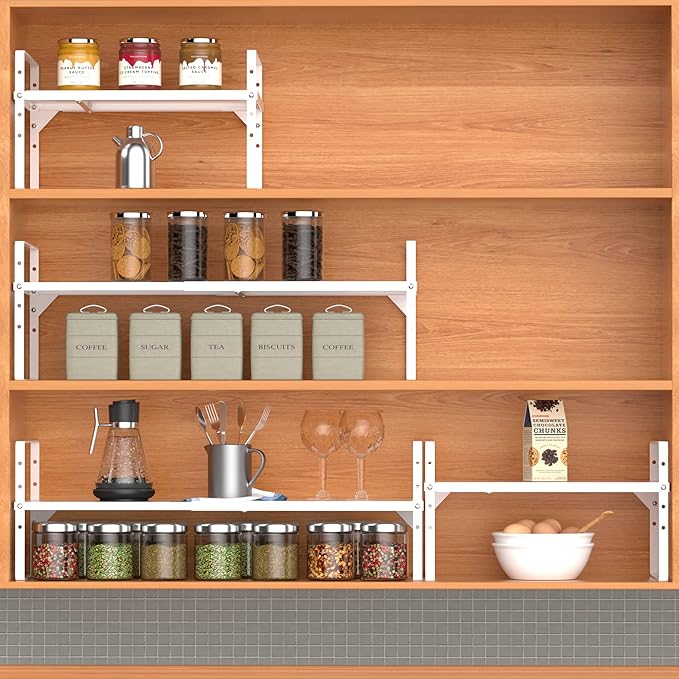 Expandable Kitchen Cabinet Shelf Organizers 3 Pack, Stackable Metal Pantry Storage Shelves Rack, Adjustable Counter Shelf for Cabinets, Countertop, Cupboard Organizers and Storage, White