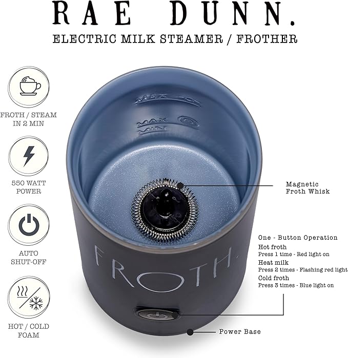 Rae Dunn Electric Milk Frother Steamer -Stylish Automatic Milk Steamer and Frother, Milk Warmer, Hot and Cold Foam Maker for Coffee, Latte, Cappuccino, Macchiato - 550 Watt (Black)