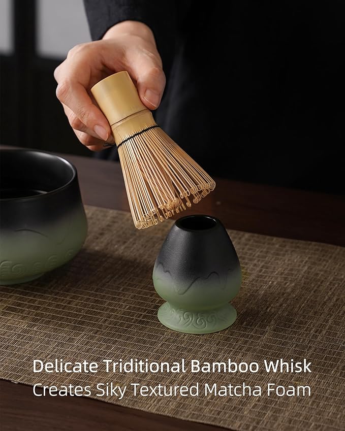 ZENS Matcha Whisk Set, 15oz Ceramic Matcha Set with Bowl and Bamboo Whisk, Scoop, (Chasen Holder) -Tea Towel, 5pcs Matcha Kit for Matcha Lovers, Sage Green