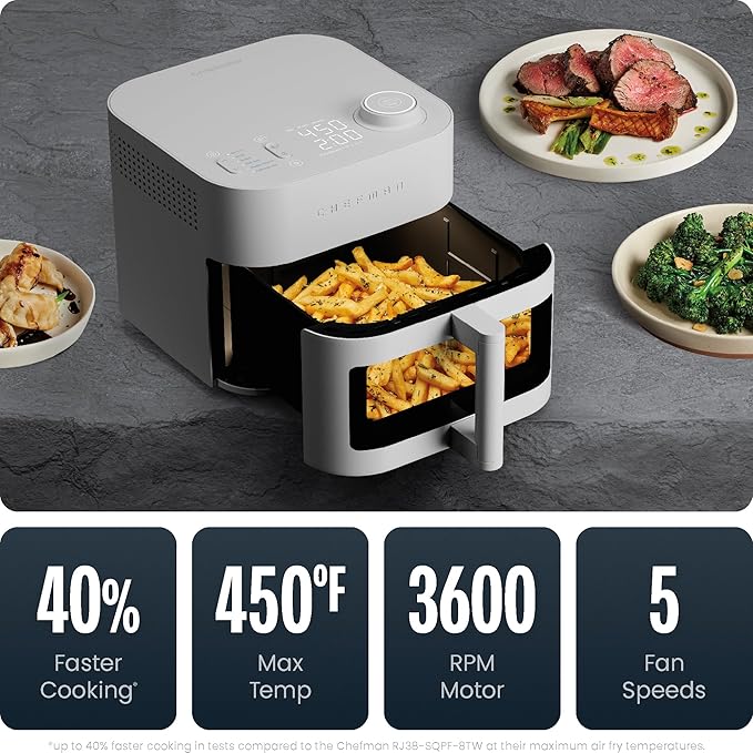 Chefman Crispinator Air Fryer 6-in-1 with 8 Qt capacity, 450°F Max Temp with TurboFry Pro Technology for Fast and Even Results, Viewing Window, Nonstick Ceramic Basket