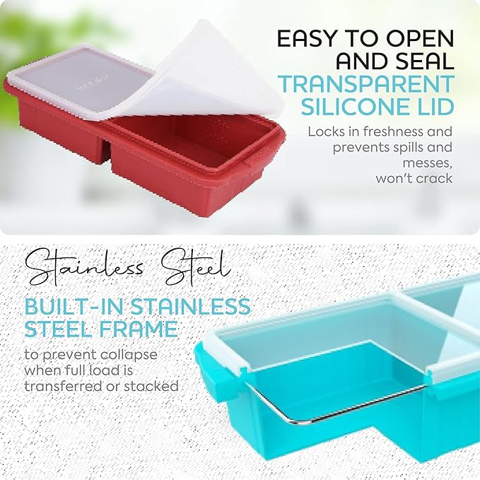 Silicone Freezer Tray With Lid-Soup Freezer Container molds-2-cup Extra Large Ice Cube Tray-makes 4 perfect 500ml portions cubes, For freezing soup,stews,sauces.Oven&Dishwasher-Safe(2-Pack)