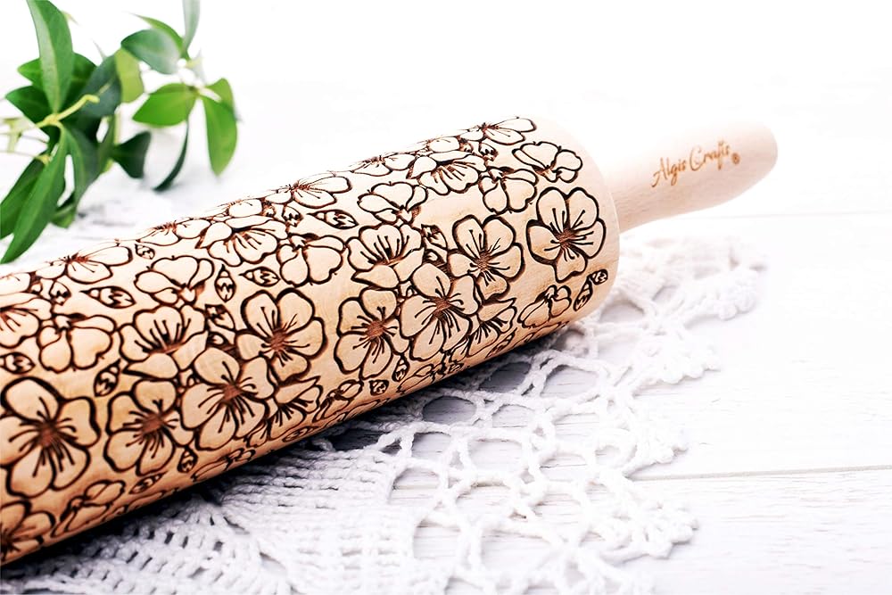 SAKURA Embossing rolling pin. Japanese Cherry Blossom embossed dough roller by Algis Crafts