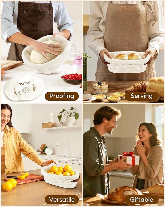 Feagar Banneton Bread Proofing Basket Set - 2 Pack Oval Cotton Rope Bread Basket with Liners, Covers & Proofing Cloth for Artisan Bread Baking, Sourdough Bread Baking Supplies