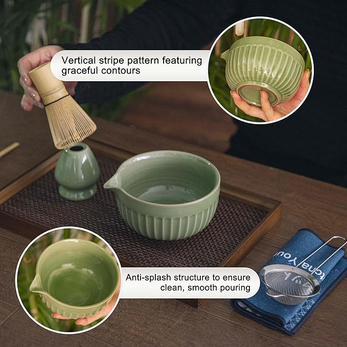 Matcha Whisk Set, Matcha Starter Kit for Tea Ceremony, Ceramic Matcha Bowl with Spout, Bamboo Whisk, Scoop, Ceramic Holders, Stainless Sifter, Towel, 7pcs Japanese Tea Making Tools (Green)