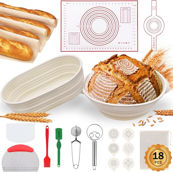 Aliggbent Silicone Banneton Bread Proofing Baskets, 10'' Oval ＆ 9'' Round Foldable Sourdough Bread Baking Supplies 18Pcs Sourdough Starter Kit Easy-to-Clean Proofing Baskets for Sourdough Bread Baking