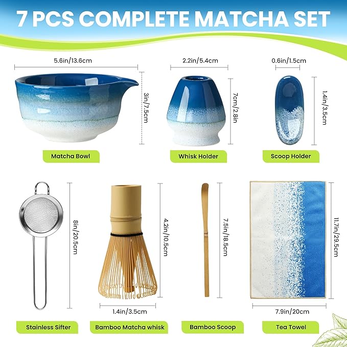 Matcha Whisk Set, Ceramic Matcha Set, Matcha Bowl, Matcha Whisk and Holder, Bamboo Scoop, Scoop Rest, Sifter and Tea Towel - 7 Pcs Matcha Kit for Lovers Family Birthday Gift (Blue)