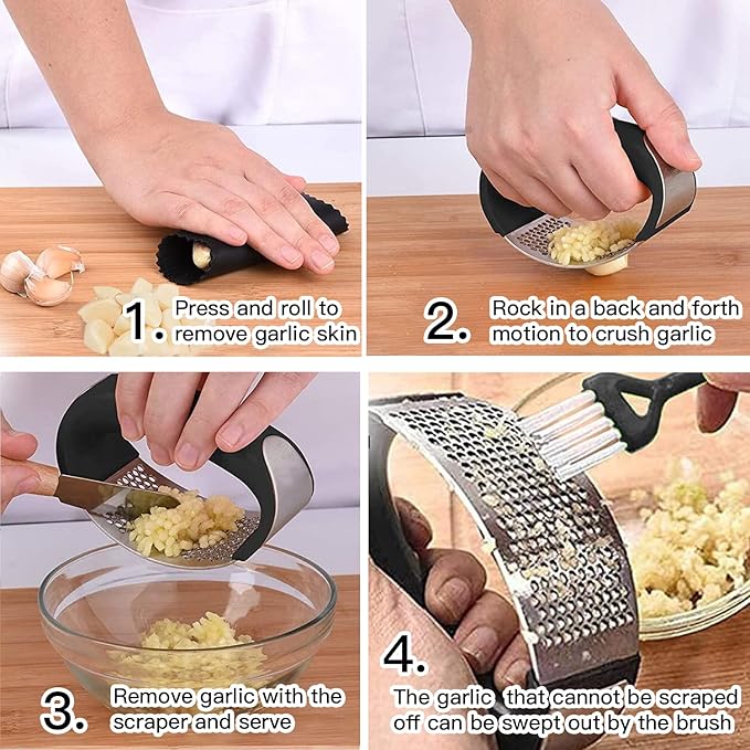 Stainless Steel Garlic Smash, Press Rocker Mincer/ Crusher/ Chopper with Peeler and Scraper Brush