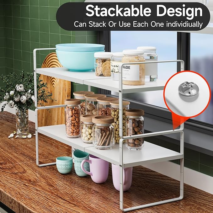 2Pack 16.5-27’’L Expandable Cabinet Shelf Organizers, Stackable Metal Shelves Extender for Kitchen Countertop Storage, Adjustable Spices Shelves Rack Stand for Cupboard Pantry, White