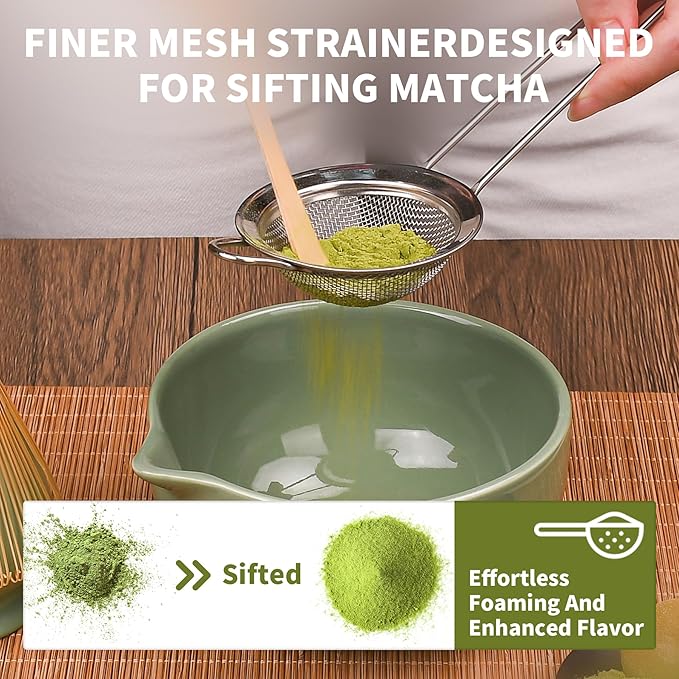 Matcha Whisk Set, 7 Pcs Matcha Kit with Matcha Bowl, Spout, Whisk and Holder, Bamboo Scoop and Stainless Steel Sifter, Japanese Matcha Set for Ceremony, Gift for Matcha Lover