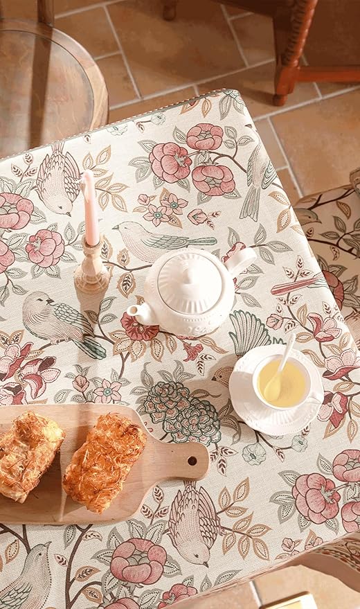 patdrea Designer Pink Linen Table Cloth for Rectangle Table,Vintage Floral with Birds Pattern Decorative Tablcloth,French Table Cover for Kitchen Dining,Thanksgiving,Christmas,55"x71"-Kulom a
