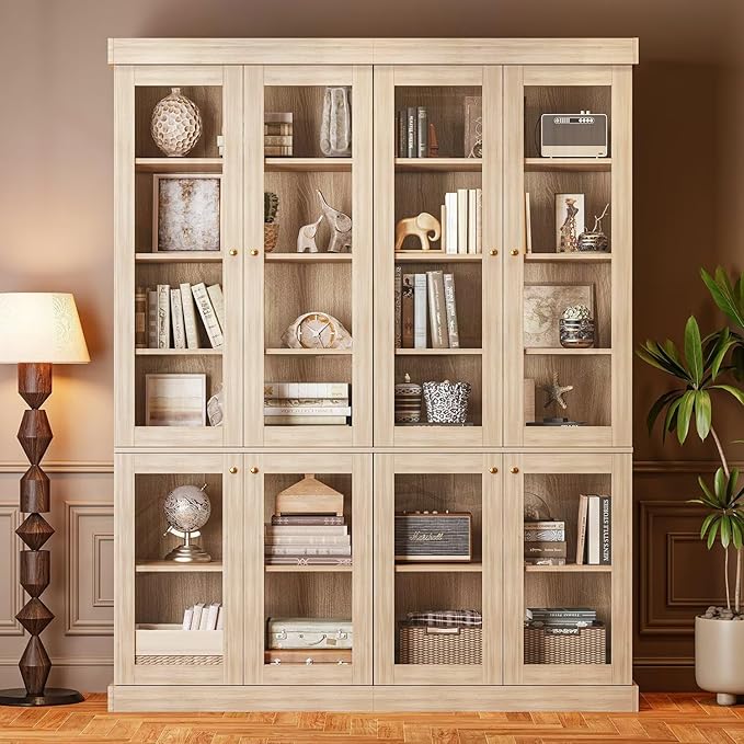 70.8" Tall Brown Bookshelf with Glass Doors, Farmhouse Modular Bookcase with 6-Tier Adjustable Shelves, Large Storage Cabinet for Home Office, Living Room, Set of 3