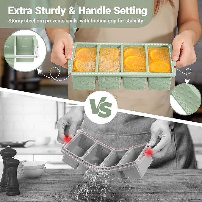 Silicone Freezer Molds for Soup with Lid, 1-Cup & 2-Cup Large Ice Cube Trays Food Storage Containers for Meal Prep, Freeze 250mL/125mL Portions – 2 Pack