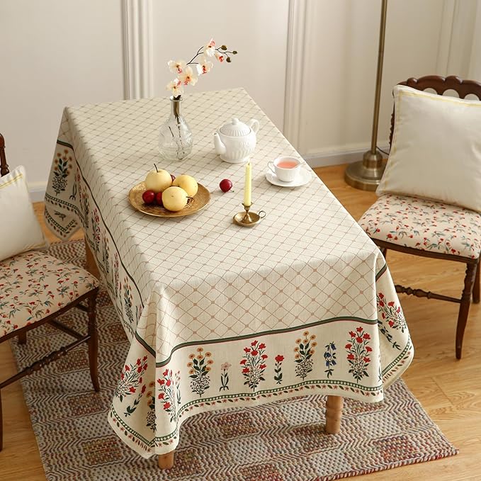 ISAENNE Designer Vintage Linen Floral Long Rectangle Tablecloth,Fall Colorful Modern Table Cloth,Anti-Wrinkle Decor Tablecloths for Dining Thanksgiving Kitchen Christmas,63"*94"-Bertina E