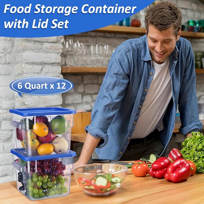 Yungyan 12 Pcs 6 Qt Commercial Food Storage Containers with blue Lids Restaurant Square Airtight Food Storage Containers Clear Cereal Container for Kitchen Freezer Dishwasher Pantry