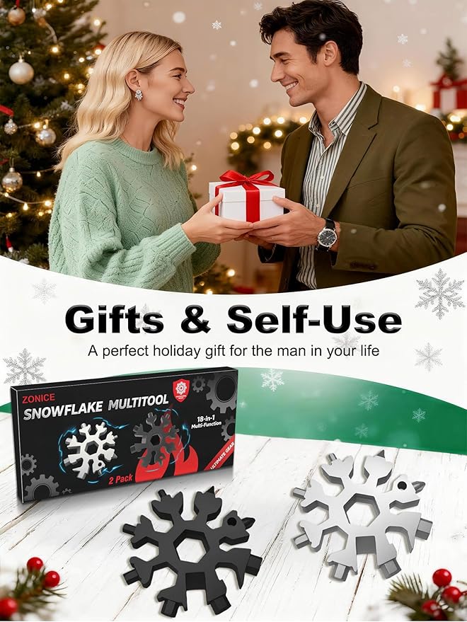 18-in-1 Snowflake Multi Tool – Stainless Steel with Bottle Opener & Wrench,Compact EDC Tool for Camping,Fishing,Hiking, Stocking Stuffers,Gifts for Men,Dad,Husband (Silver + Black)