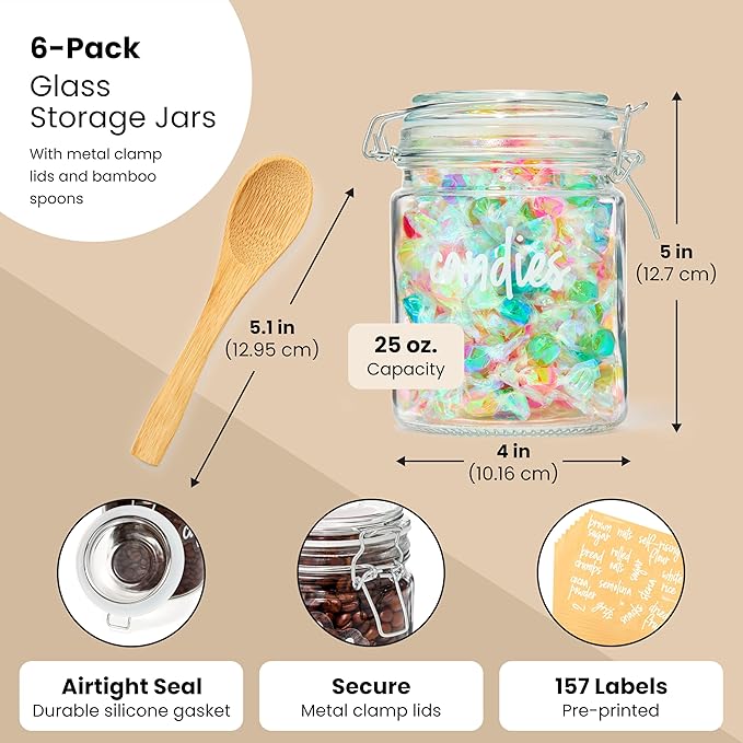 Talented Kitchen Airtight Mason Canning Jars - Multiuse Food Storage Containers with Lids for Canning Supplies & Homemade Food Storage - Clamp-Lid Glass Containers - 25 oz, Pack of 6