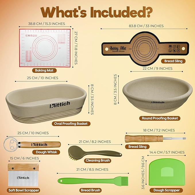 KITTICH Banneton Bread Proofing Basket with Essentials Set, 10 Inch Oval and 9 Inch Round Rattan Baskets with Linen Liners, Perfect for Sourdough Starter Kit - Sourdough Bread Baking Supplies
