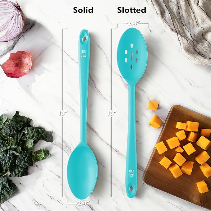 DI ORO Silicone Cooking Spoons - Large Mixing, Serving & Stirring - 600F Heat-Resistant Non-Stick - Big Solid & Slotted Basting Spoons - Dishwasher Safe (2pc, Teal)