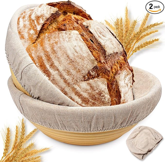 Sourdough Proofing Basket Gift Set of 2 Round Dough Proofing Bowls for Sour Dough Bread Baking Supplies, Proofing Basket or Home Sourdough Bakers Baking, 8.5 inch