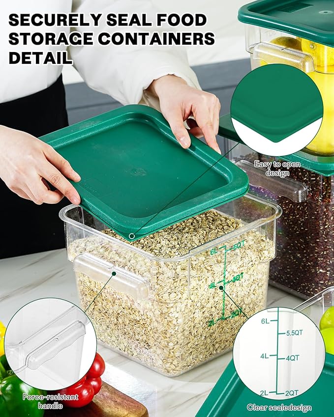 12 Quarts Sous Vide Container: 8 PCS Commercial Food Storage Containers with Lids - Clear Food Container with Scales Handles for Home Restaurant Kitchen Storage Pizza Bread (Green N)