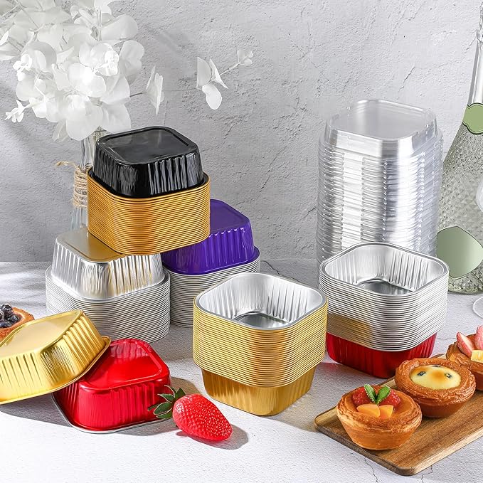 Aoriher 150 Pieces 10 oz Mini Cake Pans with Lids Aluminum Foil Baking Cups Square Disposable 4" x 4" Large Cupcake Cups Baking Tins for Kitchen Brownie Pudding Desserts Holders(Multicolor)